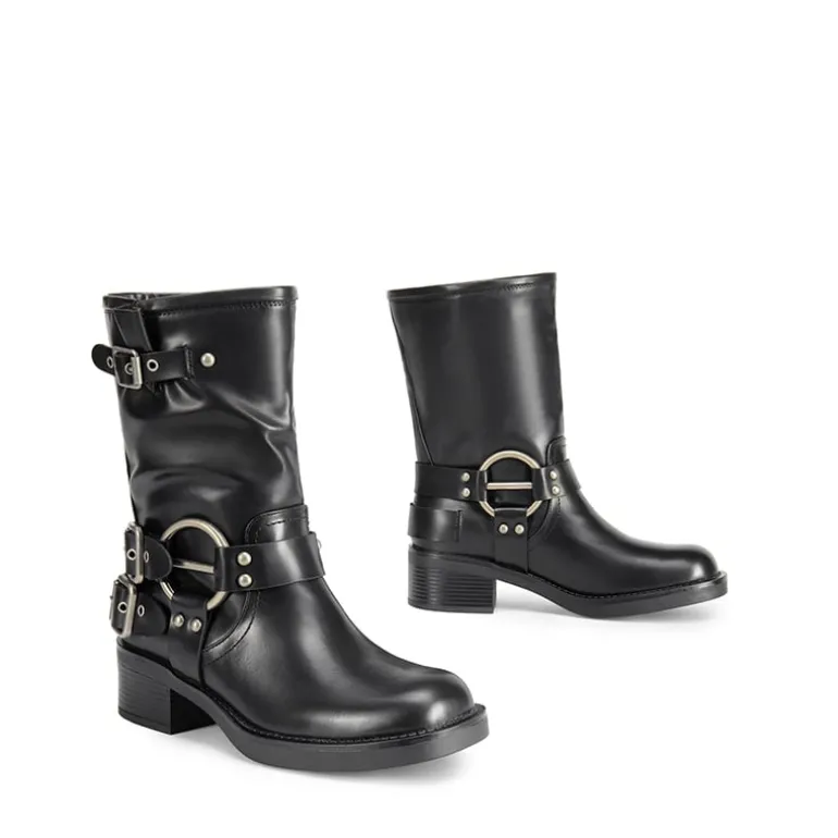 Buckles Motorcycle Mid-Calf Boots