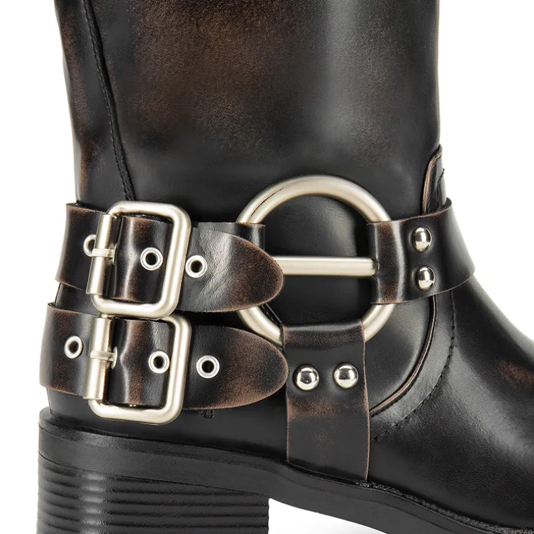 Buckles Motorcycle Mid-Calf Boots