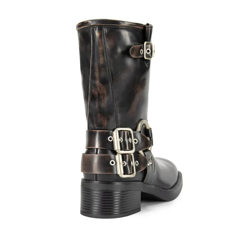 Buckles Motorcycle Mid-Calf Boots