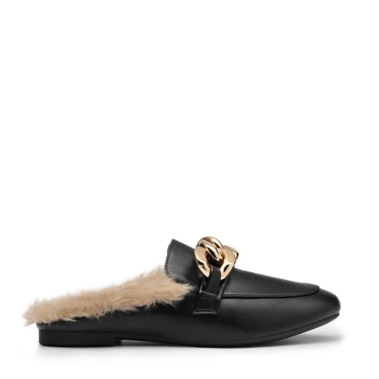 Chain Closed Toe Fur Lined Mules
