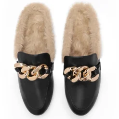 Chain Closed Toe Fur Lined Mules