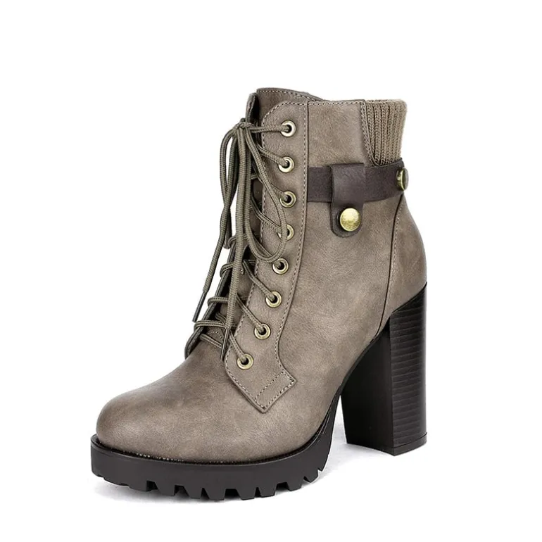 Chunky Round-Toe High Heel Ankle Boots