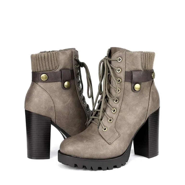 Chunky Round-Toe High Heel Ankle Boots
