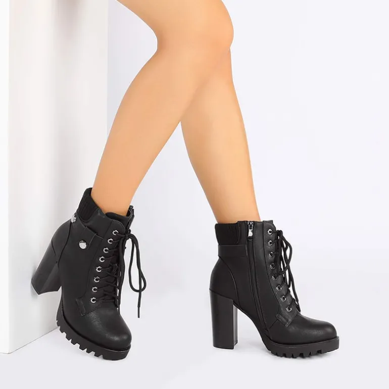 Chunky Round-Toe High Heel Ankle Boots