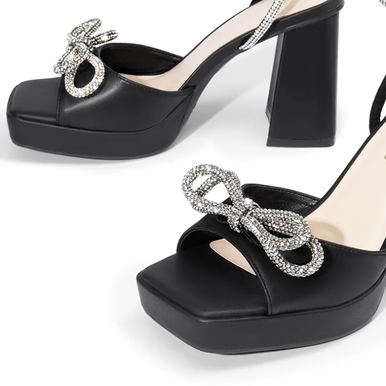 Double Bowknots Rhinestone Chunky Sandals
