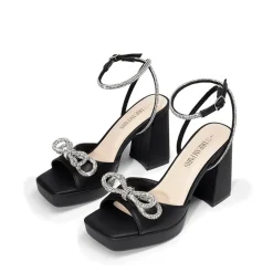 Double Bowknots Rhinestone Chunky Sandals