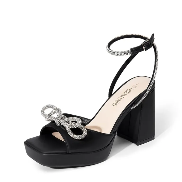 Double Bowknots Rhinestone Chunky Sandals