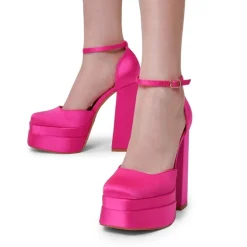 Dreamy High Chunky Square Toe Ankle Strap Platform Pumps