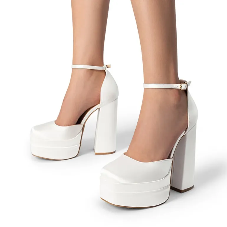 Dreamy High Chunky Square Toe Ankle Strap Platform Pumps
