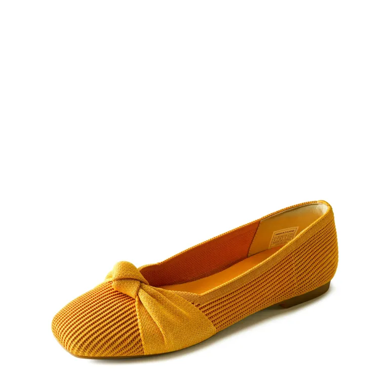 Elegant Square Toe Knit Bow Flats