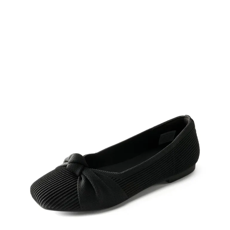 Elegant Square Toe Knit Bow Flats