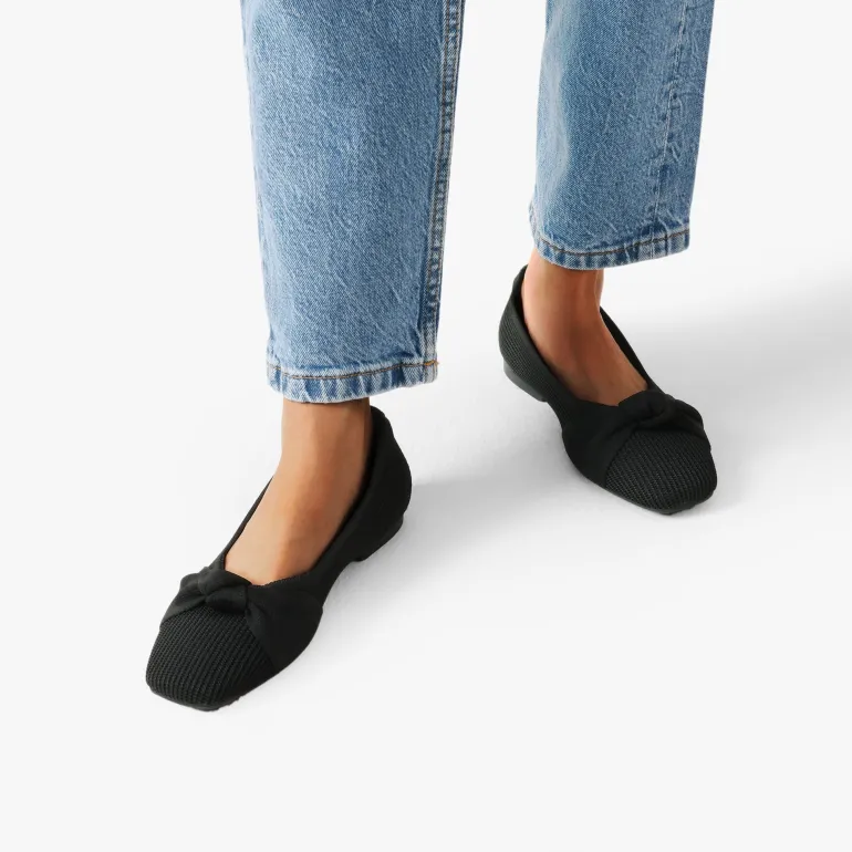 Elegant Square Toe Knit Bow Flats