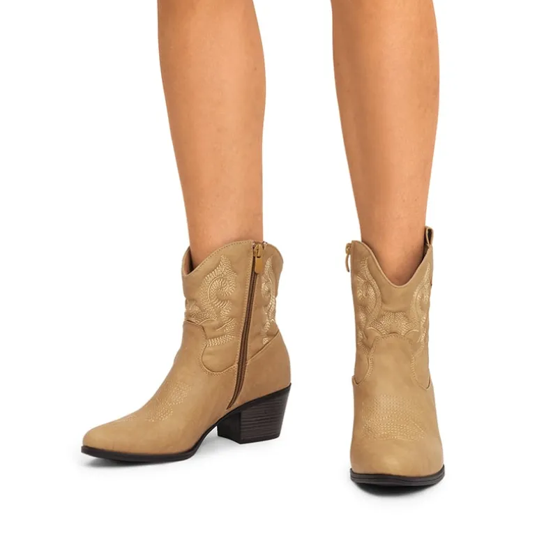 Embroidered Low Heel Cowgirl Ankle Boots