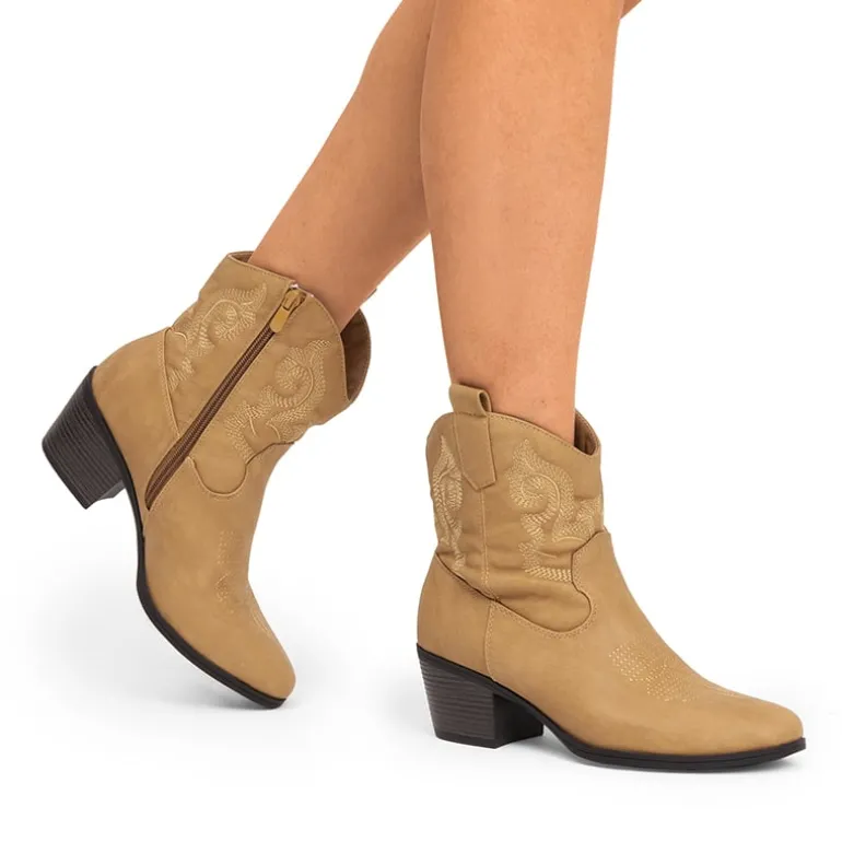 Embroidered Low Heel Cowgirl Ankle Boots
