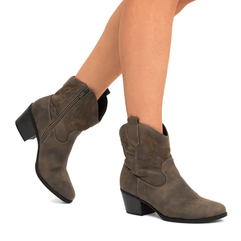 Embroidered Low Heel Cowgirl Ankle Boots