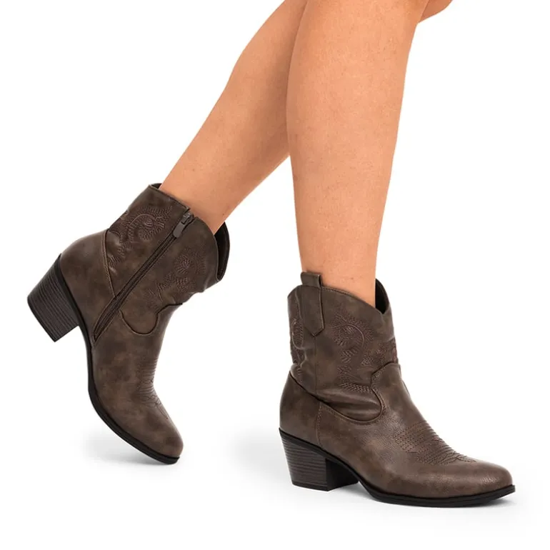 Embroidered Low Heel Cowgirl Ankle Boots
