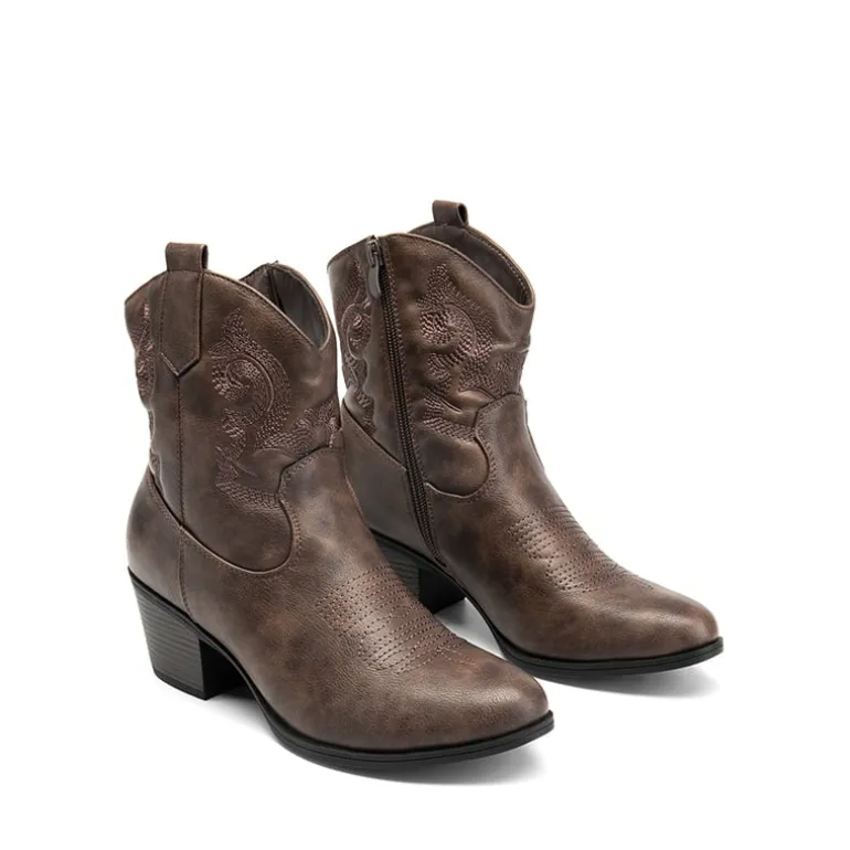 Embroidered Low Heel Cowgirl Ankle Boots