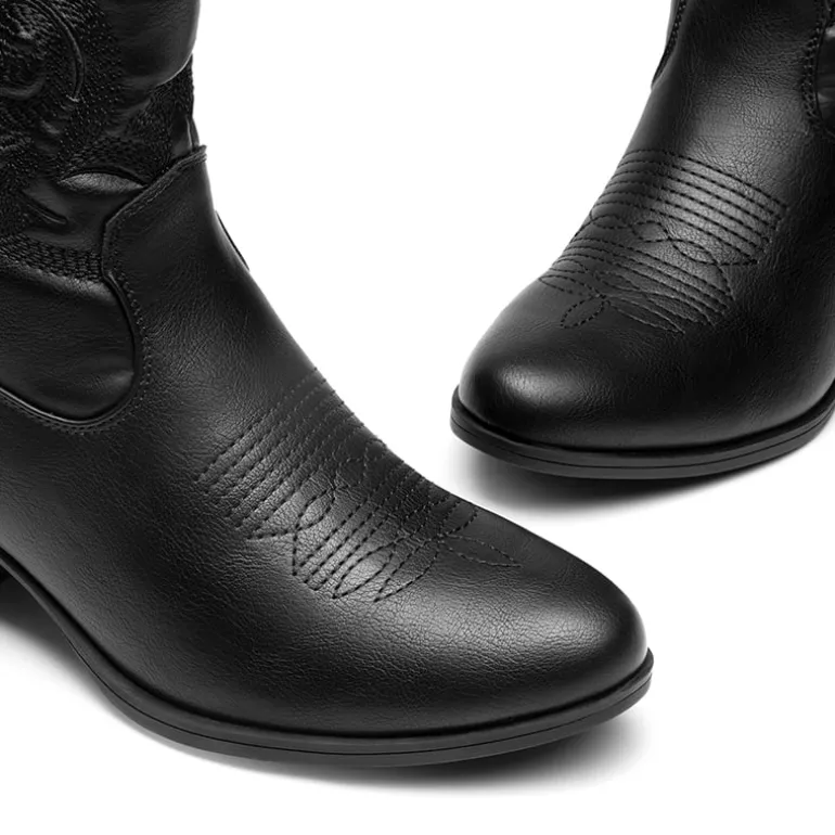 Embroidered Low Heel Cowgirl Ankle Boots
