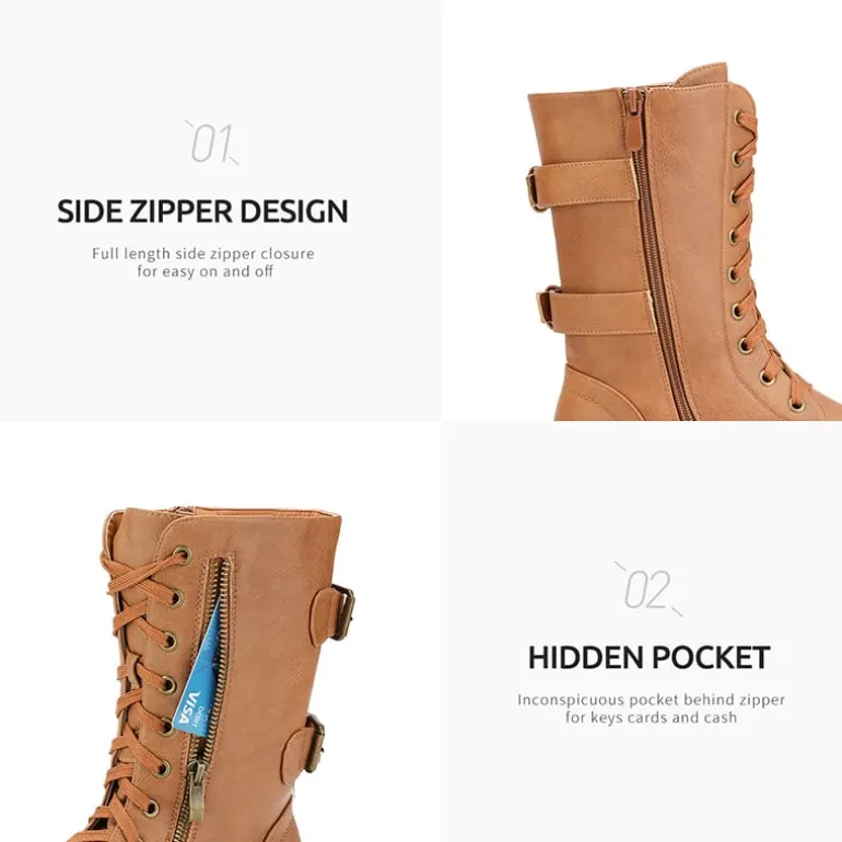 Faux Fur Mid Calf Combat Boots