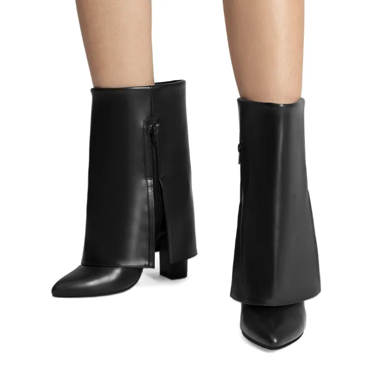 Fold-Over Denim Mid-Calf Boots