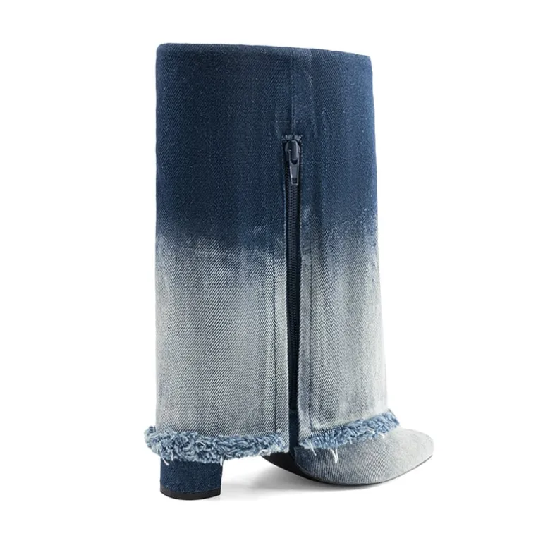 Fold-Over Denim Mid-Calf Boots