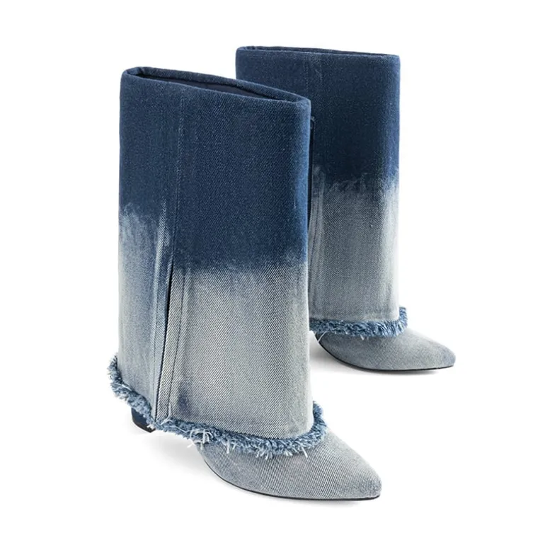 Fold-Over Denim Mid-Calf Boots