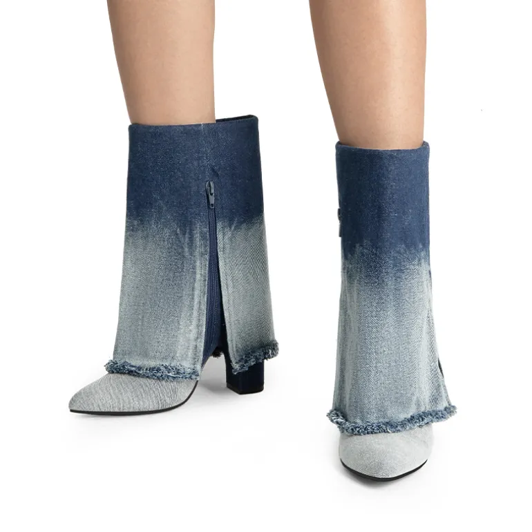 Fold-Over Denim Mid-Calf Boots