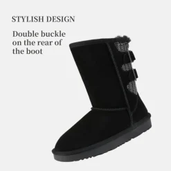 [FuzzyChic Kid's Buckle] Kids Fur Lined Suede Non Slip Winter Boots