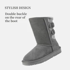 [FuzzyChic Kid's Buckle] Kids Fur Lined Suede Non Slip Winter Boots