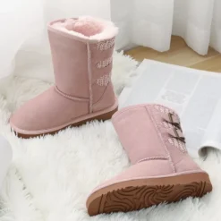 [FuzzyChic Kid's Buckle] Kids Fur Lined Suede Non Slip Winter Boots