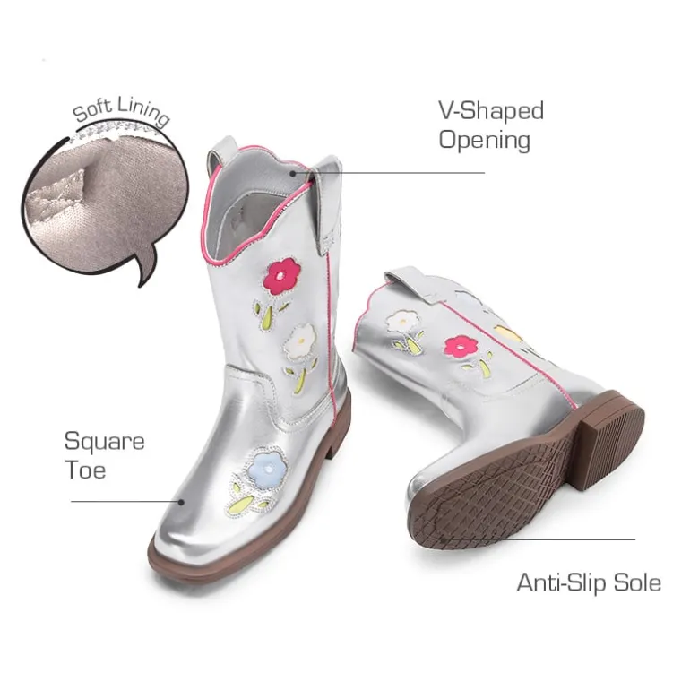 Girls’ Durable Slip-On Floral Western Boots