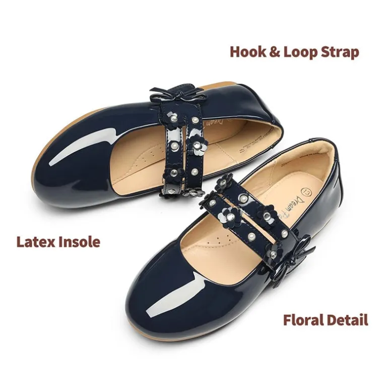 Girls Flower Pearls Bow Mary Jane Flats