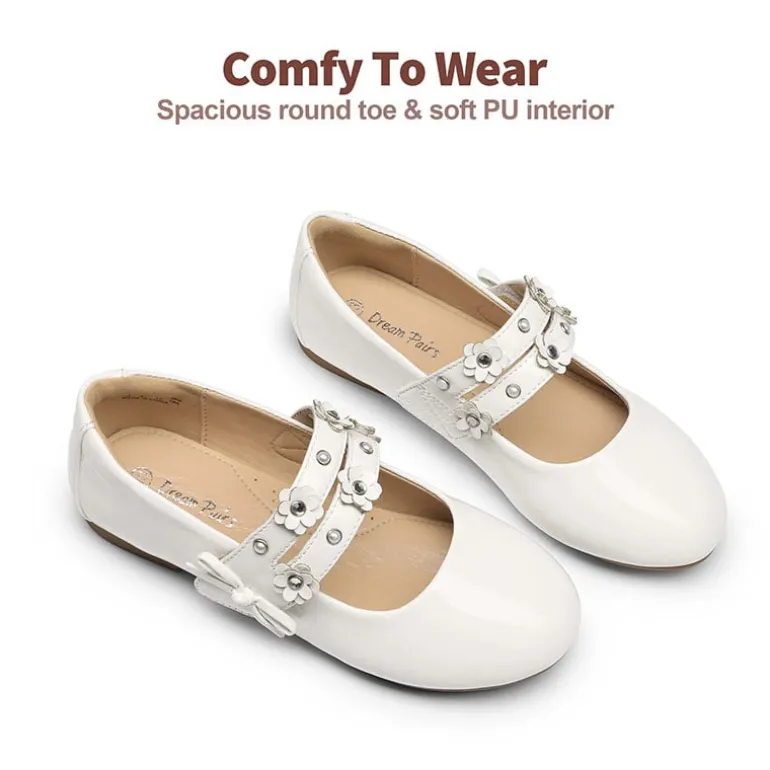 Girls Flower Pearls Bow Mary Jane Flats