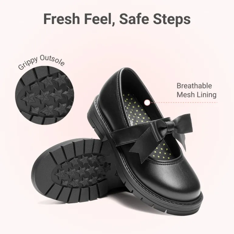 Girls' Mary Jane Bowknot Shoes with Hook-And-Loop Strap