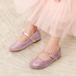Girls’ Rhinestone Pearl Suede Ankle Strap Flats