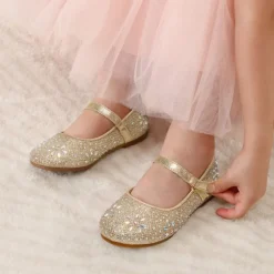 Girls’ Rhinestone Pearl Suede Ankle Strap Flats