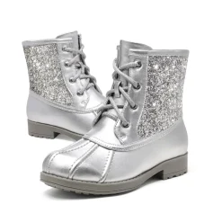 Girls Side Zipper Leather Glitter Boots