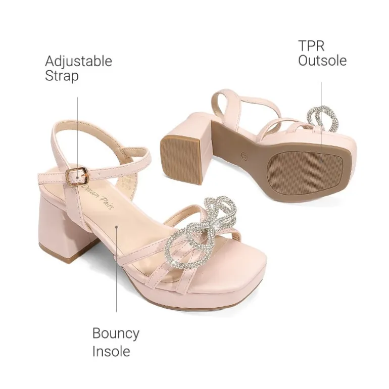 Girls’ Square Toe Dress Heels with Sparkling Bow