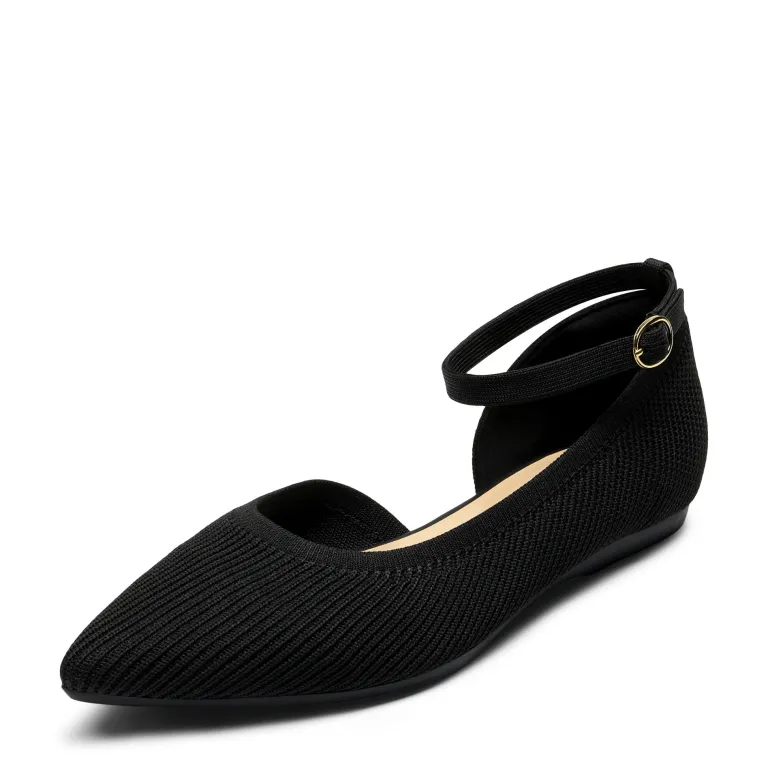 Knit Pointed Toe Ankle Strap Flats