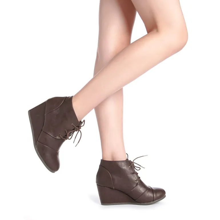 Lace Up Low Wedge Heel Ankle Boots