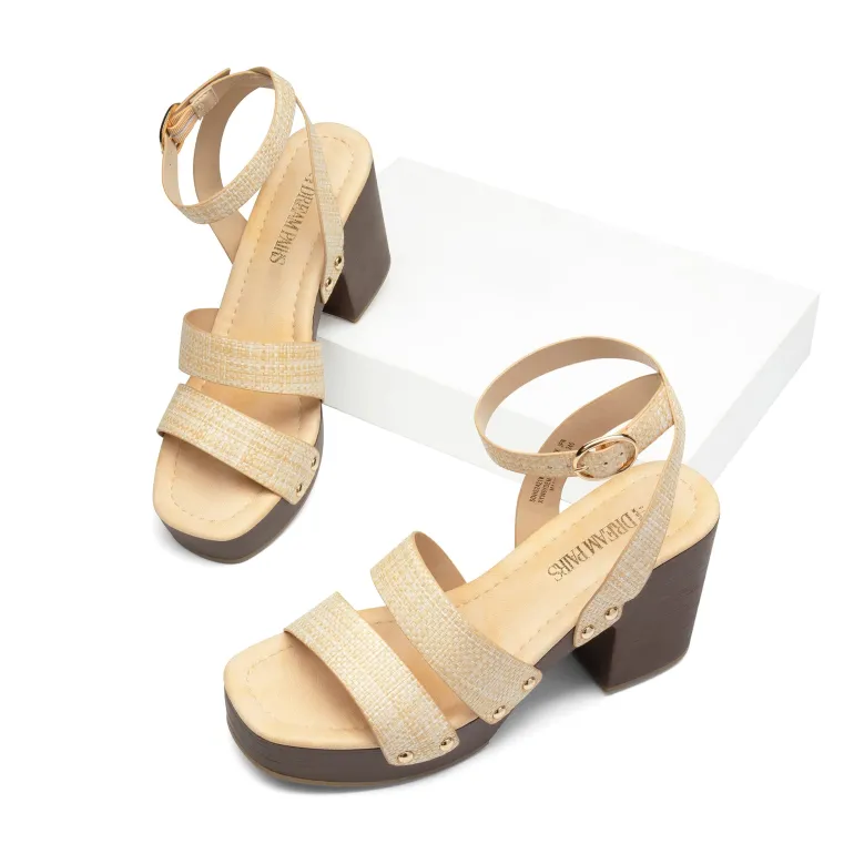 Platform Wood Grain Pattern Heel Sandals