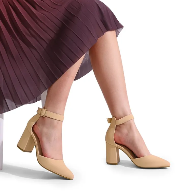 Pointed Toe Chunky Mid Heel Pumps