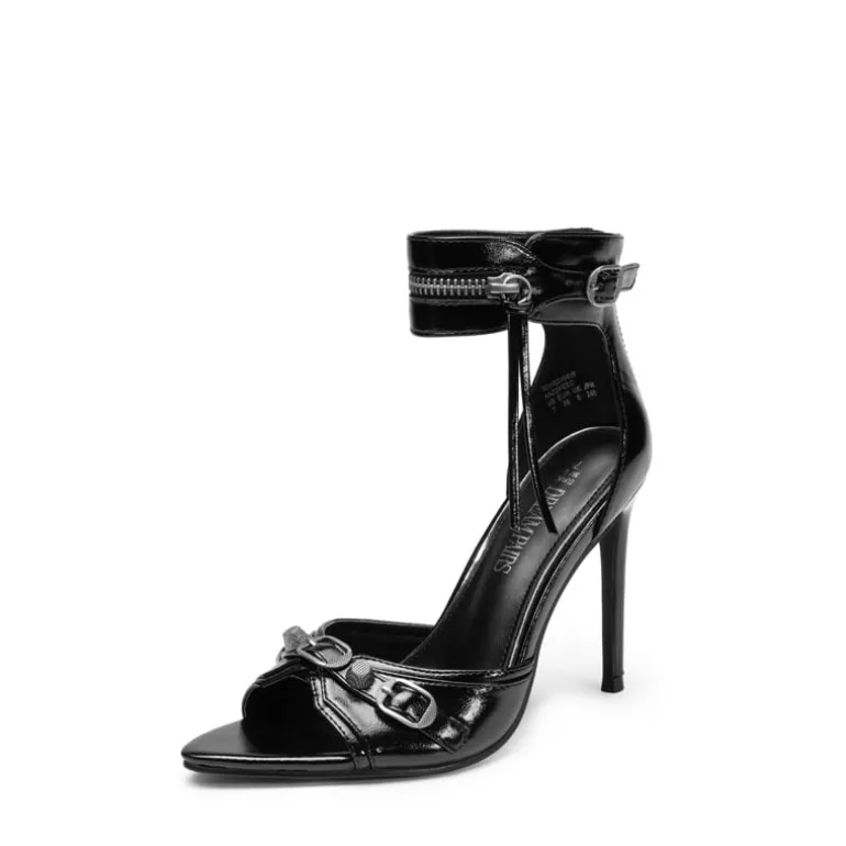 Pointed Toe Moto-Inspired Stiletto Heel Sandals