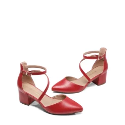 Pointed Toe Strap Chunky Heel Pumps