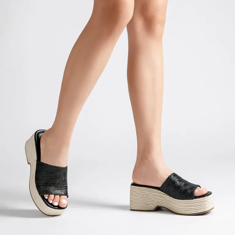 Raffia Platform Wedge Slide Sandals