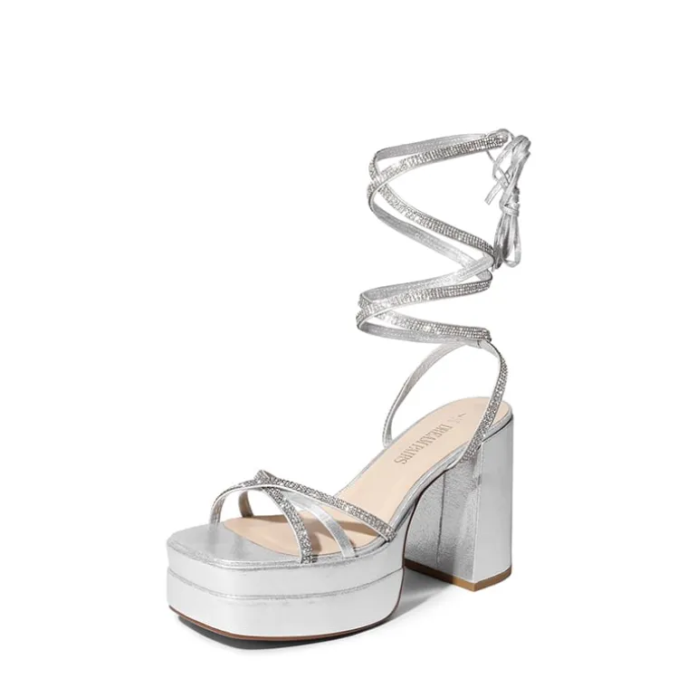 Rhinestone Lace Up Platform Heel Sandals