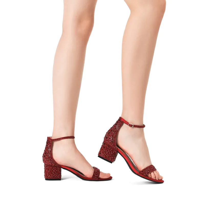Rhinestone Low Chunky Heel Sandals