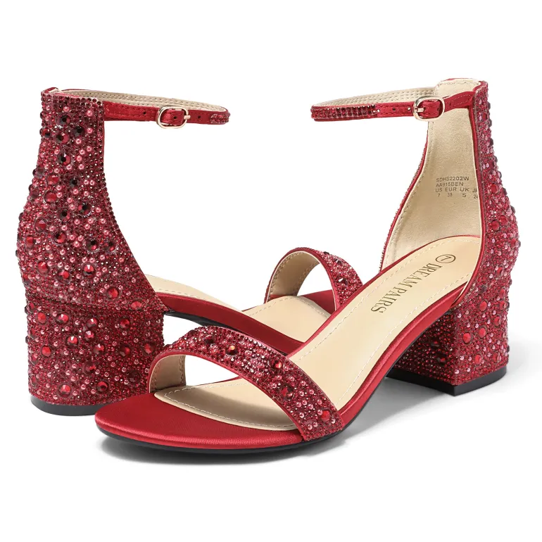 Rhinestone Low Chunky Heel Sandals