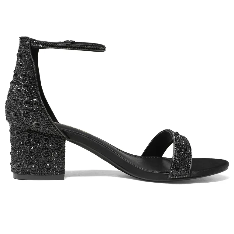 Rhinestone Low Chunky Heel Sandals