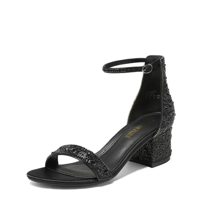 Rhinestone Low Chunky Heel Sandals
